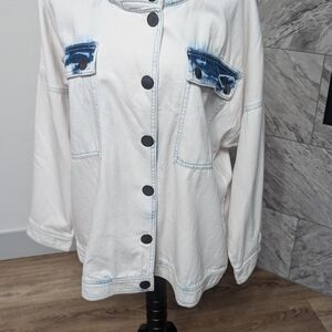 CAbi White Denim Jacket with Blue Details